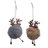 Two plush pom-poms with antlers, one gray and one tan, hanging from white strings.