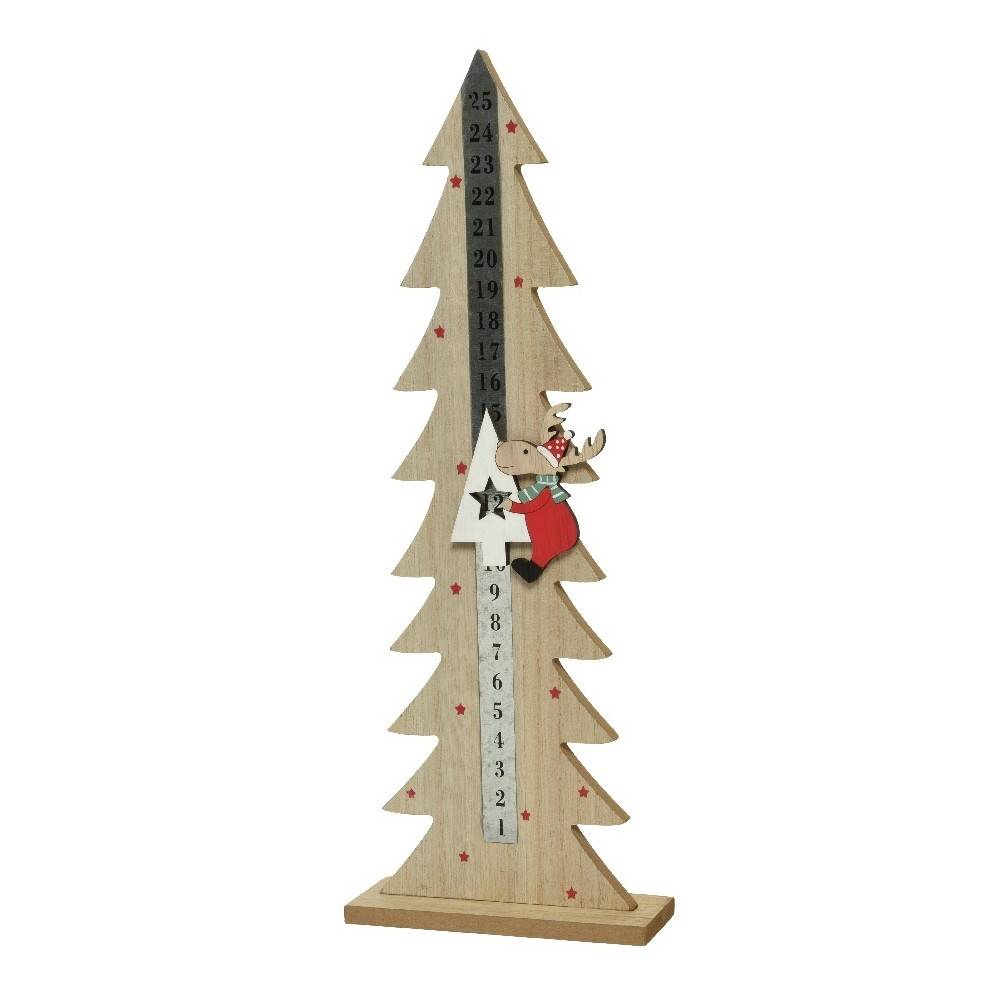 Houten groeimeter in de vorm van een kerstboom met een schattige rendierfiguur.