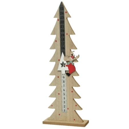 Houten groeimeter in de vorm van een kerstboom met een schattige rendierfiguur.