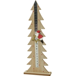 Houten groeimeter in de vorm van een kerstboom, versierd met een paddenstoel en sterren.