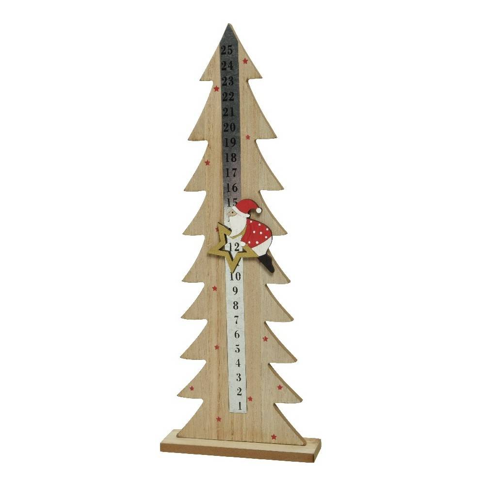 A wooden Christmas tree growth chart with a playful Santa and star decoration.