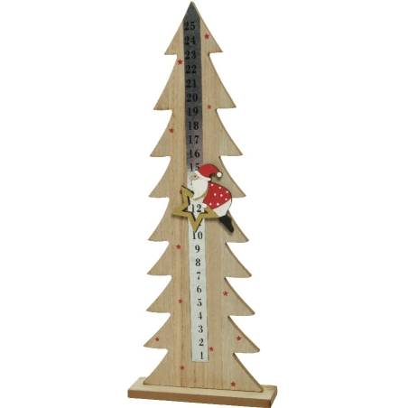 A wooden Christmas tree growth chart with a playful Santa and star decoration.