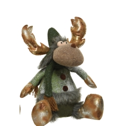 A plush moose with shiny antlers, wearing a green hat and scarf, and a cozy outfit.