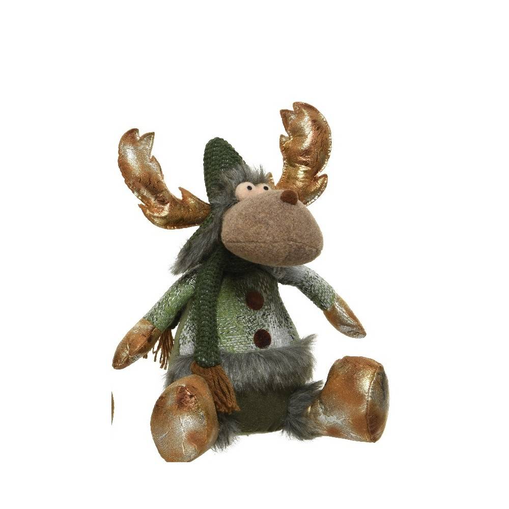 A plush moose with shiny antlers, wearing a green hat and scarf, and a cozy outfit.