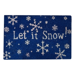 Blauwe deurmat met witte sneeuwvlokken en de tekst "Let it Snow!" in speelse letters.
