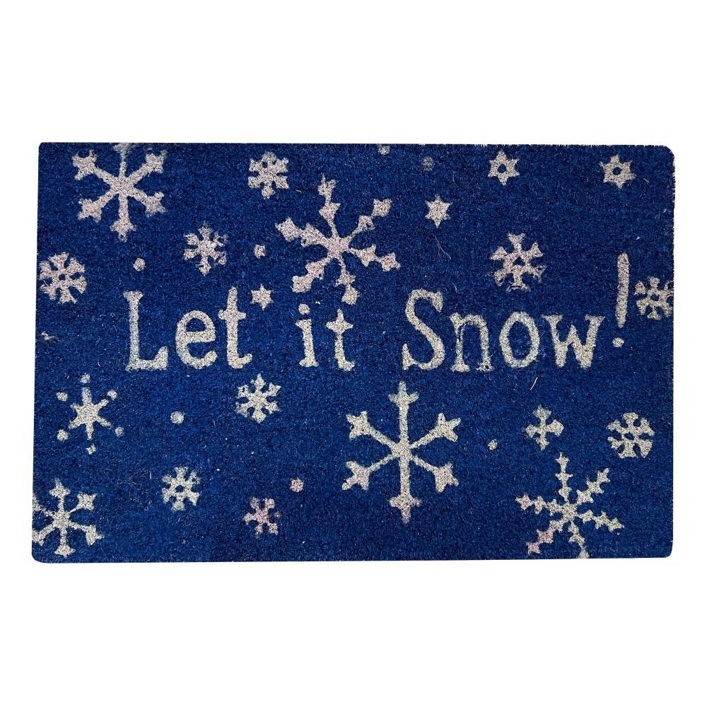 Blue doormat with white snowflakes and the phrase "Let it Snow!" in playful lettering.