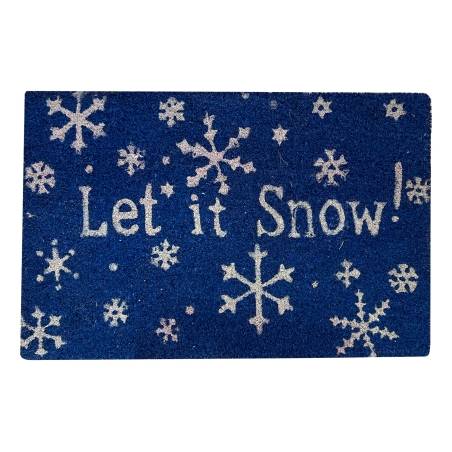 Blauwe deurmat met witte sneeuwvlokken en de tekst "Let it Snow!" in speelse letters.