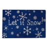 Blauwe deurmat met witte sneeuwvlokken en de tekst "Let it Snow!" in speelse letters.