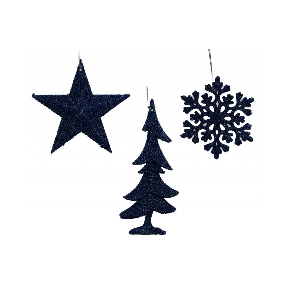 Three navy blue holiday ornaments: a star, a tree, and a snowflake, each with textured surfaces.