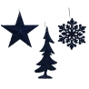 Three navy blue holiday ornaments: a star, a tree, and a snowflake, each with textured surfaces.