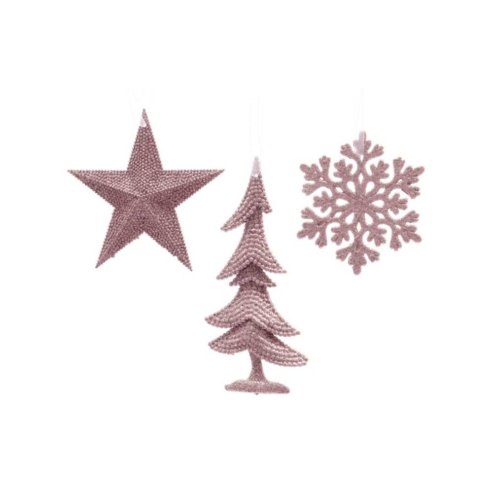 Three sparkling ornaments: a star, a tree, and a snowflake in soft pink hues.