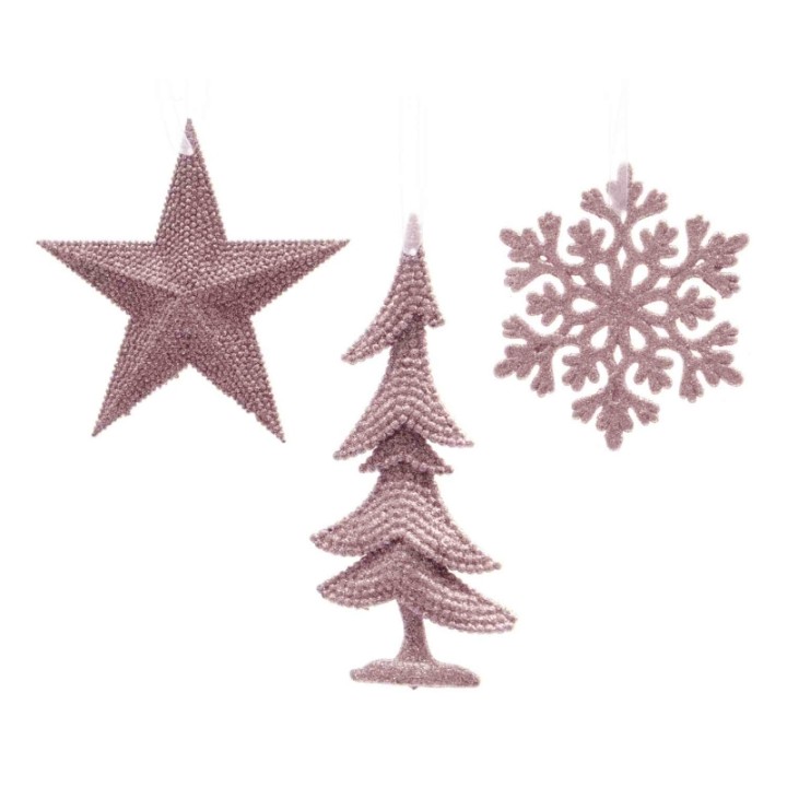 Drie decoratieve kerstversieringen in zachte rozet tinten: ster, dennenboom en sneeuwvlok.