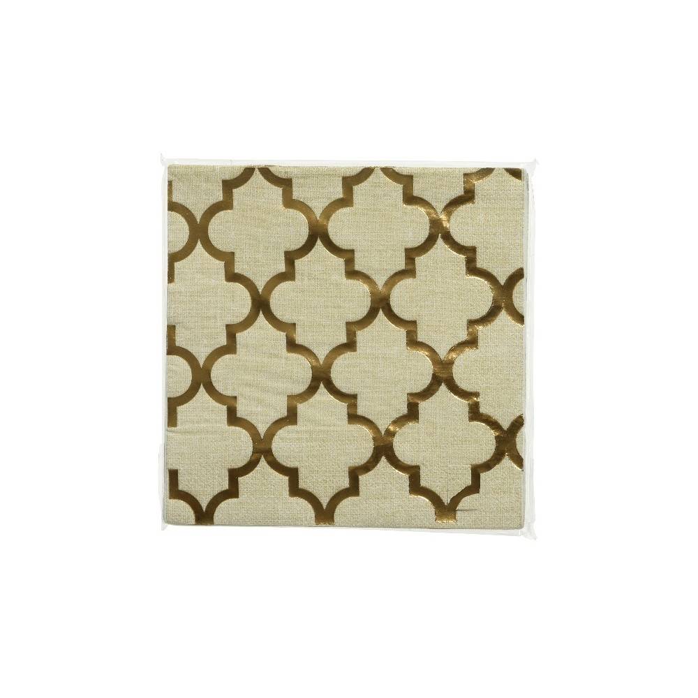 Lichtbeige stof met glanzende gouden geometrische patronen in elegante vormen.