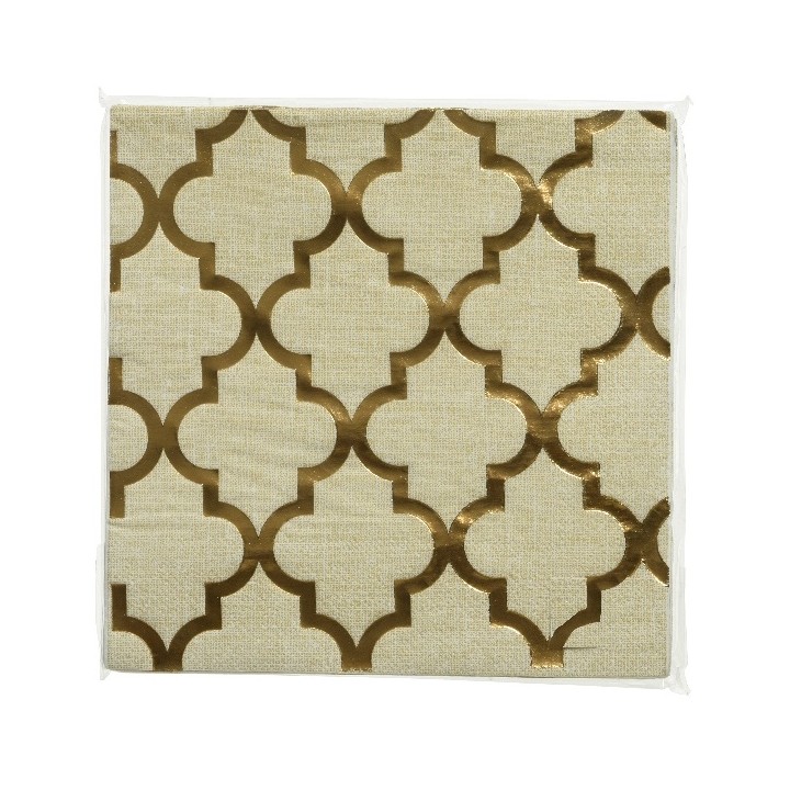 Lichtbeige stof met glanzende gouden geometrische patronen in elegante vormen.