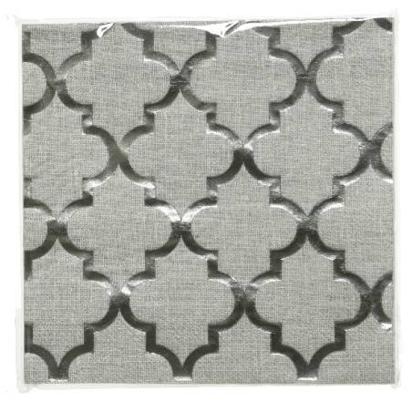 Gray textured tile with a geometric pattern of interlocking shapes in silver.