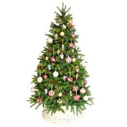A vibrant green Christmas tree adorned with colorful ornaments and a woven basket base.