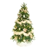 A lush green Christmas tree adorned with golden ornaments and delicate cream ribbons.