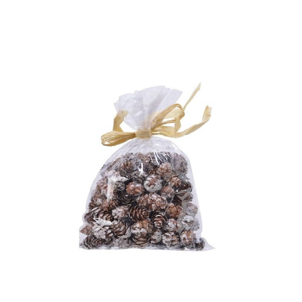 A clear bag filled with small pinecones tied with a golden ribbon.