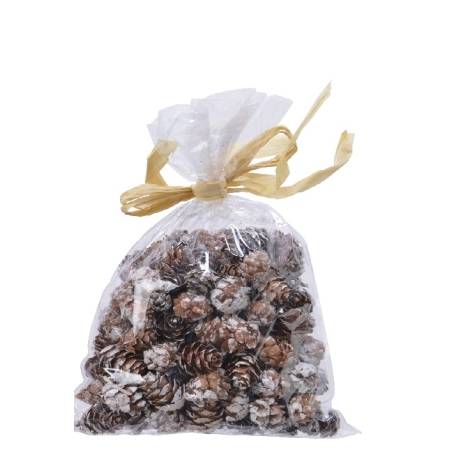 A clear bag filled with small pinecones tied with a golden ribbon.