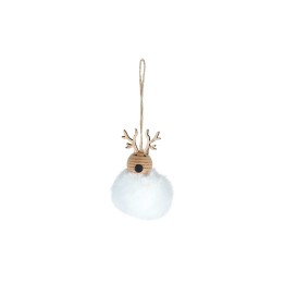 Schattige witte pompon met houten neus en gewei, hangend aan een jute touwtje.