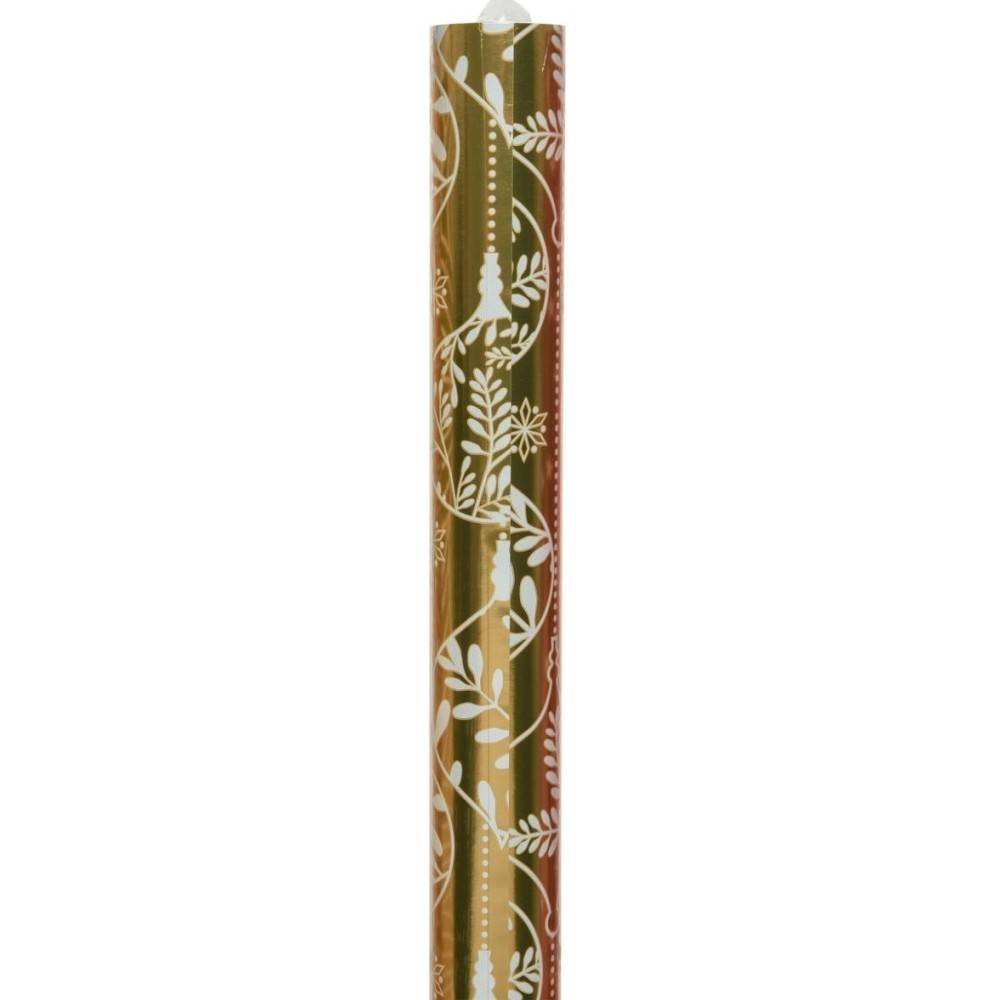 Shiny gold wrapping paper adorned with white floral and vine patterns.