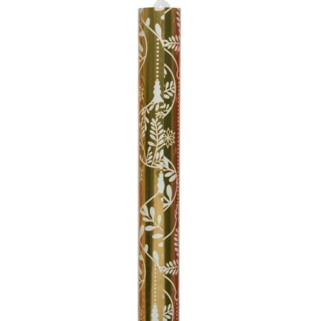 Shiny gold wrapping paper adorned with white floral and vine patterns.
