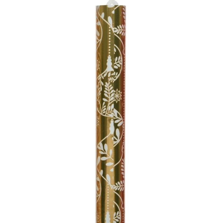 Goudkleurige inpakpapier met witte bloemen en bladeren in een sierlijk patroon.