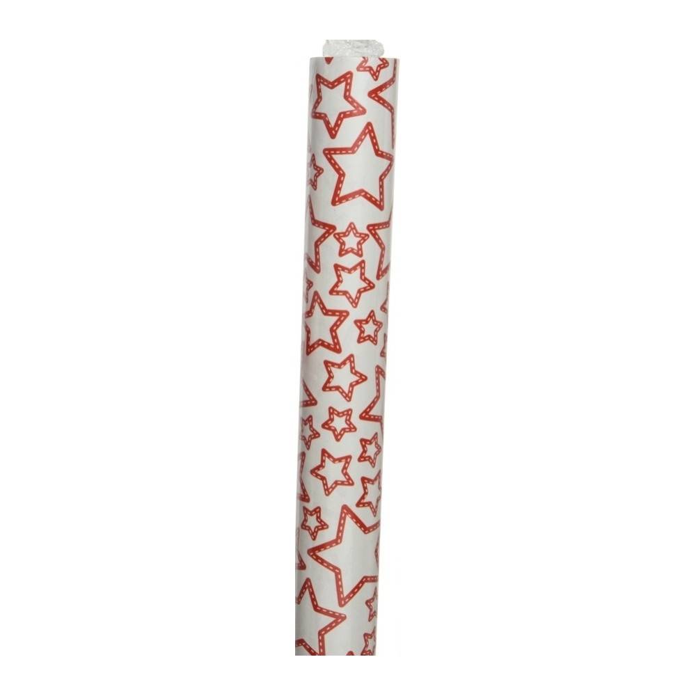 White wrapping paper adorned with red outlined stars, creating a festive pattern.