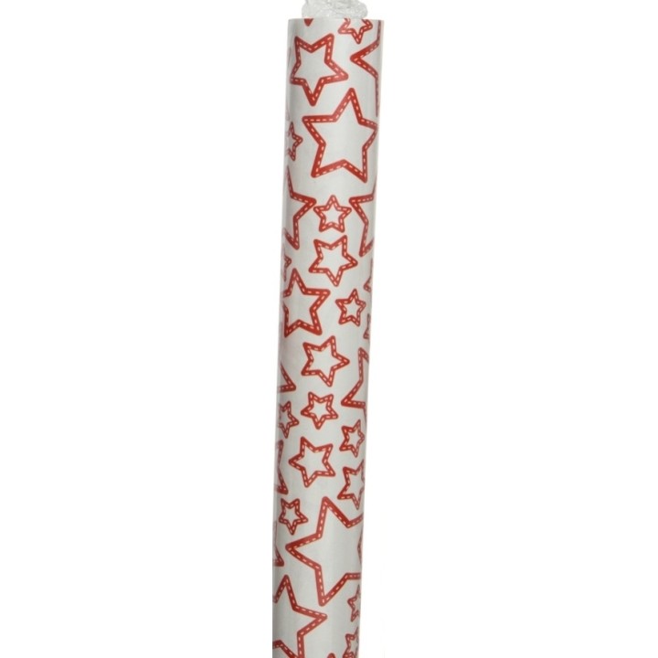 Wit cadeaupapier met rode sterrenpatronen en een speelse, feestelijke uitstraling.