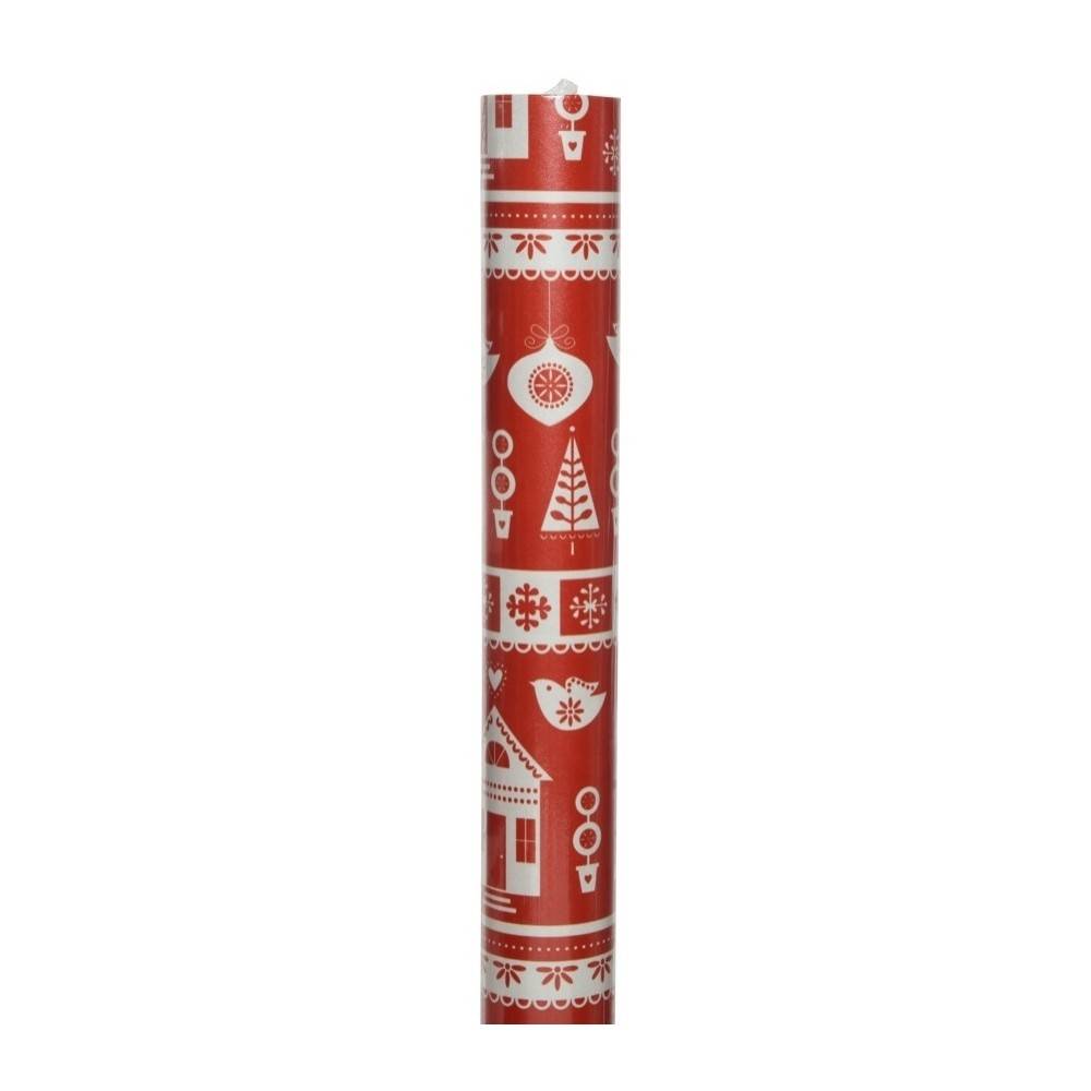Red gift wrap adorned with white holiday-themed illustrations like trees and ornaments.