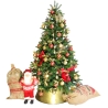 A festive Christmas tree adorned with red and gold ornaments, beside Santa and gift sacks.