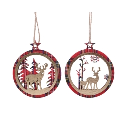Two circular ornaments with wooden cutouts of deer and trees, framed in red plaid.
