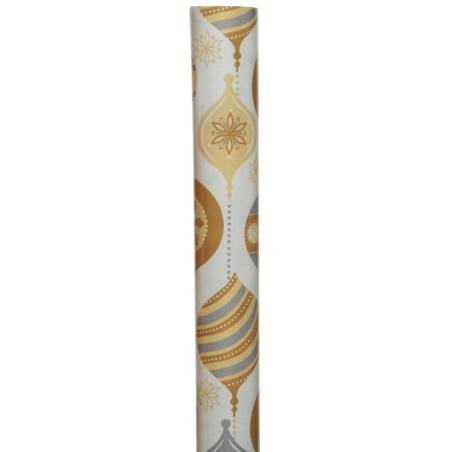 Elegant wrapping paper featuring gold and silver ornament designs on a light background. Elegant wrapping paper featuring gold and silver ornament designs on a light background.