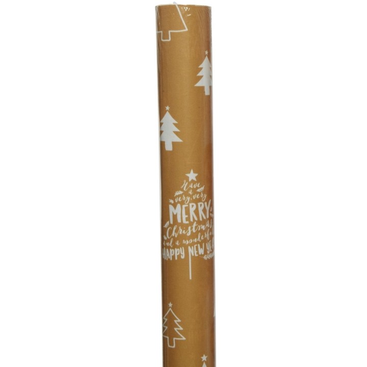 Goudkleurig inpakpapier met witte kerstbomen en feestelijke tekst.