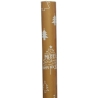 Brown wrapping paper with white Christmas trees and festive text.