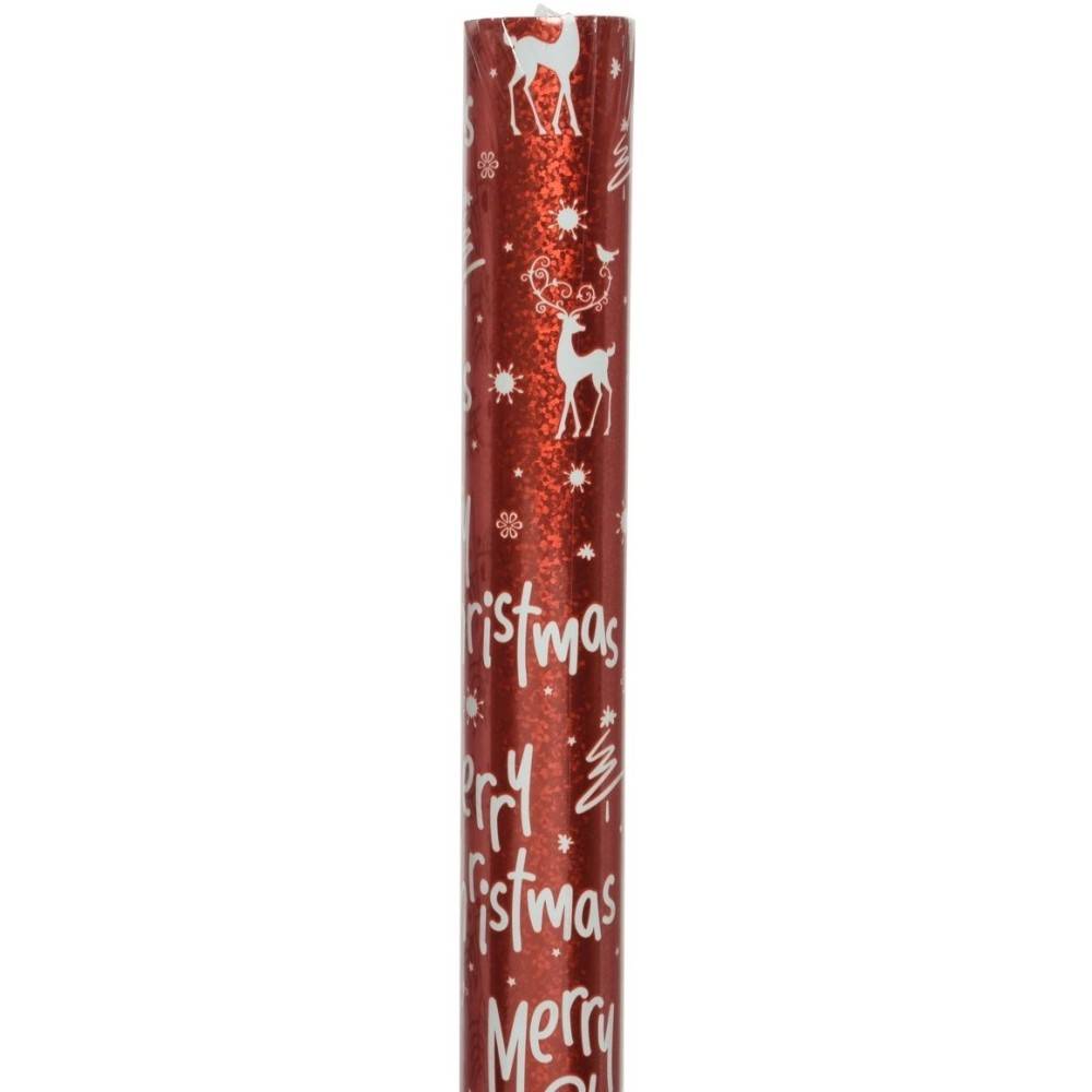 Shiny red wrapping paper adorned with white Christmas motifs and cheerful text.