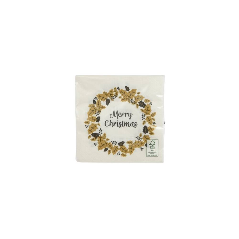 A cream napkin with a golden holly wreath and "Merry Christmas" in elegant script.