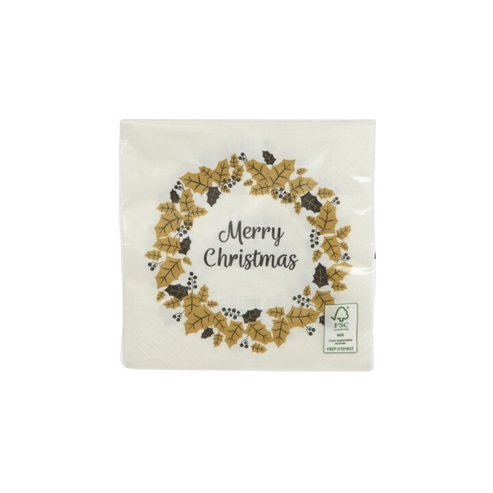 Witte servet met een gouden kerstkrans, besjes en de tekst "Merry Christmas" in zwarte letters.