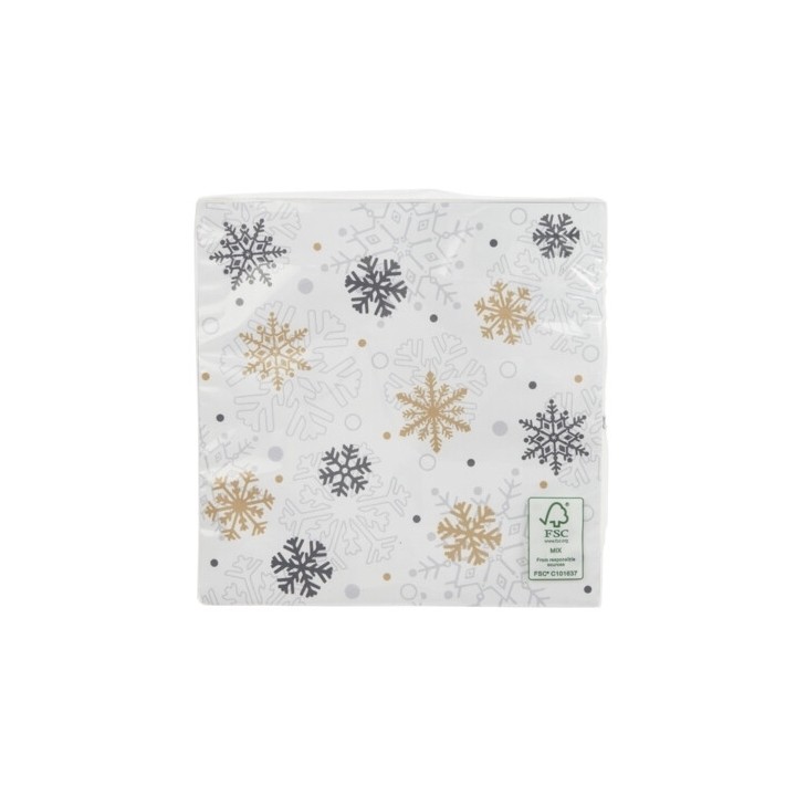 Witte servetten met gouden, zilveren en grijze sneeuwvlokken op een lichte achtergrond.