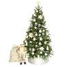 A festive green Christmas tree adorned with white and silver decorations, beside a jolly Santa fi...