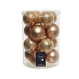 Doorzichtig doosje met glanzende en matte gouden kerstballen in verschillende maten.