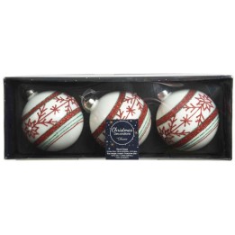 Drie witte kerstballen met rode en groene versieringen in een chique doos.