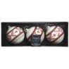 Three elegant Christmas ornaments in white, red, and green, featuring festive patterns and designs.
