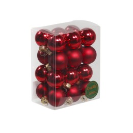 Glanzende rode kerstballen in een transparante verpakking, 24 stuks met gouden details.