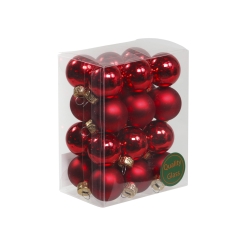 A clear box filled with shiny red glass Christmas ornaments, reflecting light beautifully.