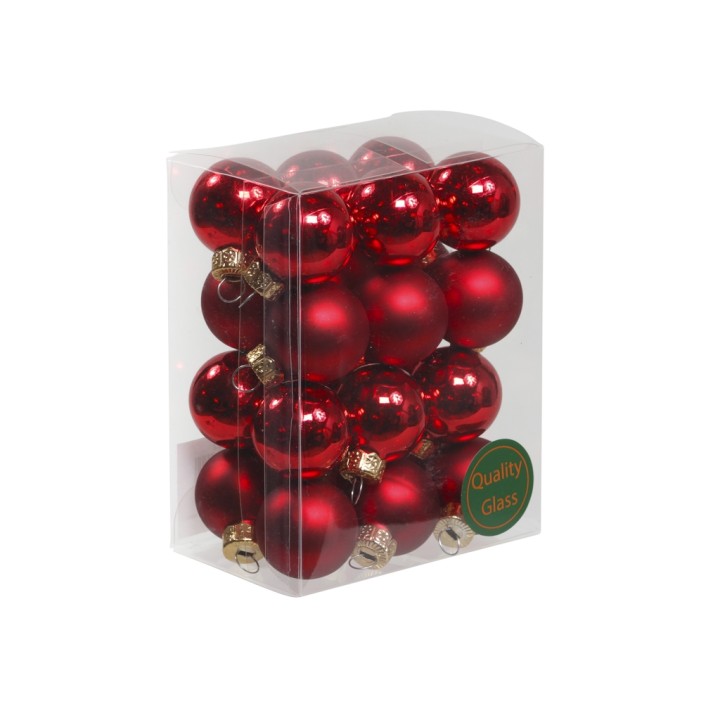 Glanzende rode kerstballen in een transparante verpakking, 24 stuks met gouden details.