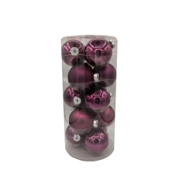 A clear cylindrical container filled with shiny purple Christmas ornaments.