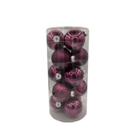 A clear cylindrical container filled with shiny purple Christmas ornaments. A clear cylindrical container filled with shiny purple Christmas ornaments.