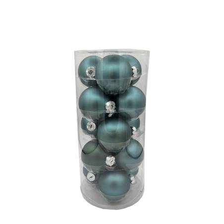 A clear cylindrical container filled with matte teal Christmas ornaments.