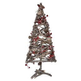 Een decoratieve kerstboom van takken, versierd met rode bessen en dennenappels.